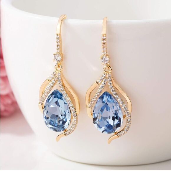 14k Gold Blue Sapphire Teardrop Earrings, Sapphire Dangle  14K Yellow Gold with Blue Sapphire Austrian Crystal Twisted Teardrop Earrings